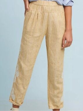 Anthropologie Light Yellow Striped Linen-Blend Straight Leg Pants